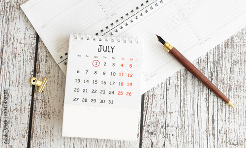 White spiral desk calendar for july 1. 2026. Stock Photo