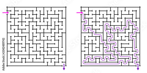 Maze design with pathways and exit route in black and purple  