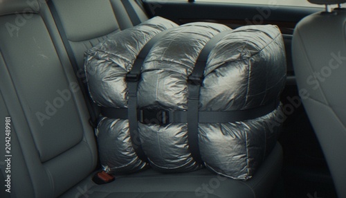 A silver metallic compression sack or sleeping bag tightly strapped, placed on the back seat of a car, ready for a road trip or camping adventure.
