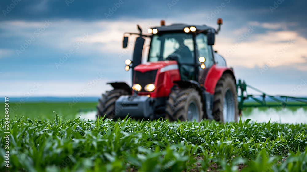 Obraz premium Close-up of a red tractor spraying pesticides across lush green crops under a dramatic sky, modern agriculture concept, tractor crop photography, farm maintenance visualization,