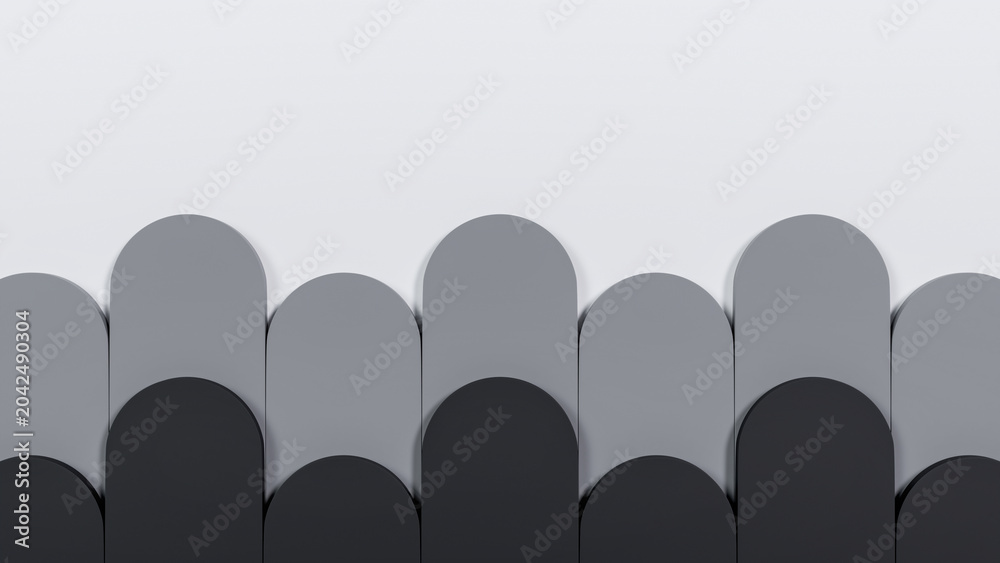Obraz premium 3D render of layered geometric arch panels with a grey color gradient pattern on a white background.
