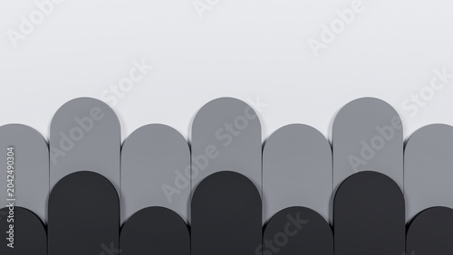 Photos 3D render of layered geometric arch panels with a grey color gradient pattern on a white background