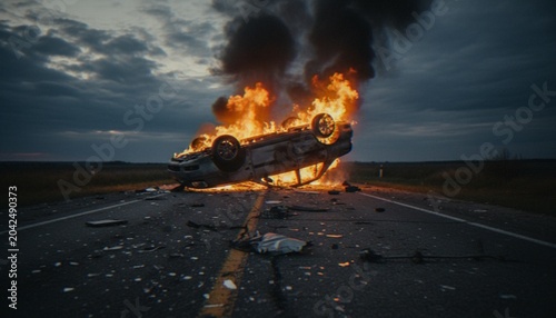 Tableau sur toile A burning car overturned in the middle of a road at twilight with debris scattered across the asphalt