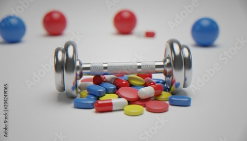 A metal dumbbell resting on a pile of various colorful pills, capsules, and tablets, illustrating the concept of performance-enhancing drugs in sports and fitness.