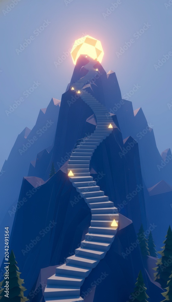 Fototapeta premium Winding stone staircase leading to a glowing geometric sun on a mountain peak