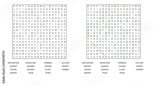 Journey-themed word search with highlighted solutions