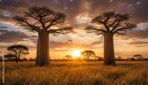Baobab trees standing in a grassy savanna at sunset