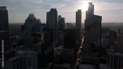 Aerial Flight Into Downtown Austin Skyscrapers at Sunset Texas Part 2 of 2
