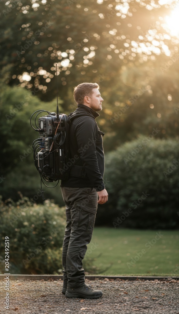 Fototapeta premium Adventurer Standing in Nature with Backpack at Sunset