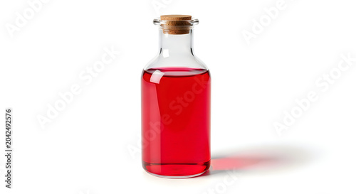 Red liquid potion or syrup in a transparent glass bottle with a cork stopper, isolated on a white background.