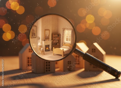 Magnifying Glass Over Miniature House Model with Cozy Interior, Warm Lighting