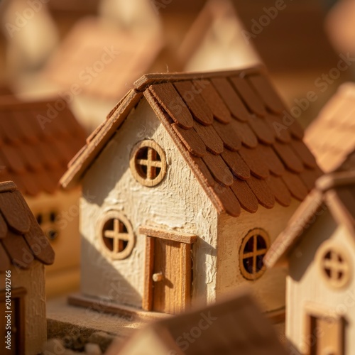 Miniature Wooden Houses in Warm Lighting for Creative Projects
