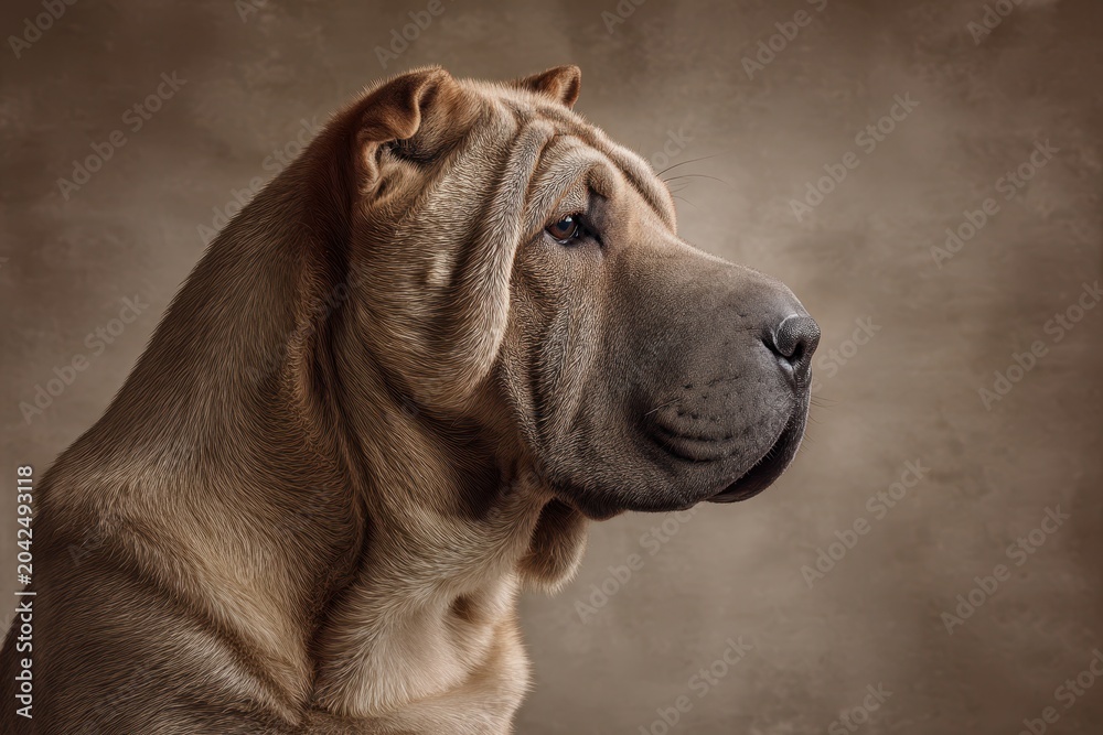 Fototapeta premium Regal Shar Pei in a calm profile pose against a neutral backdrop