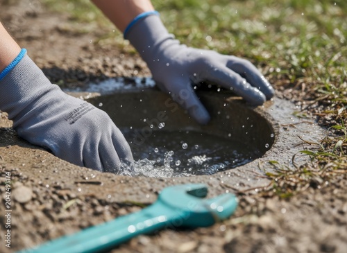 Hands in Gardening Gloves Working on a Water Drainage System in the Ground