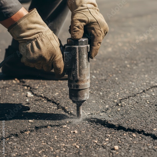 Worker Repairing Asphalt with Professional Tool on Road Surface