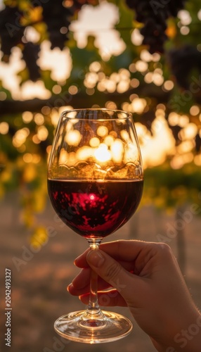 Hand Holding a Glass of Red Wine at Sunset in a Vineyard