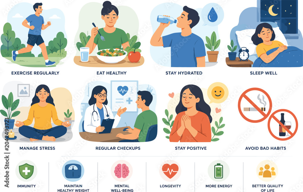 Fototapeta premium Healthy Lifestyle and Wellness Habits Conceptual Vector Illustration Set