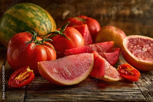 Nutrition-focused fruit and vegetable composition showcasing lycopene-rich foods