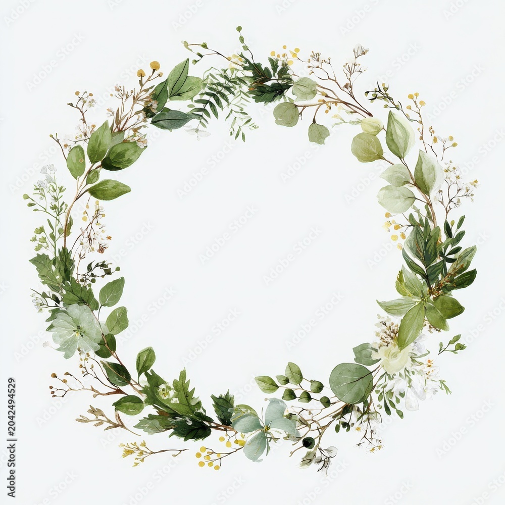 Fototapeta premium Watercolor oval greenery wreath for wedding invitations with soft leaves and delicate floral accents