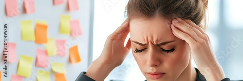 Young professional experiences stress while managing multiple tasks. Surrounded by colorful sticky notes, she symbolizes the chaos and pressure of meeting work deadlines