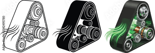 Foto Set of timing belt and pulley system illustrations featuring line art silhouette