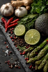 Top view food frame for restaurant diet menu, colorful healthy ingredients on border