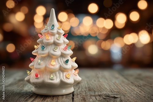 Warm-lit white ceramic Christmas tree with tiny multicolor lights on a wooden table