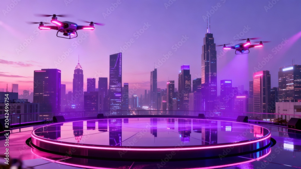 Naklejka premium Futuristic cityscape with drones and neon platform