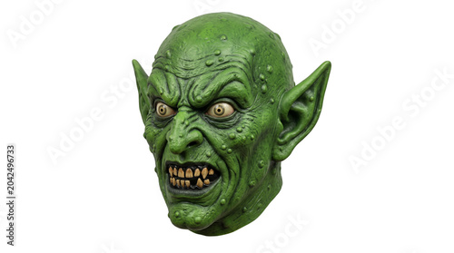 Obraz na płótnie Green monster head with pointed ears and sharp teeth 3D character design.