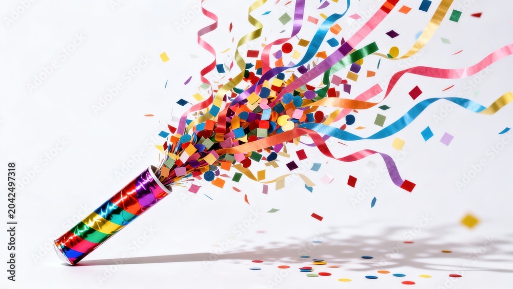 Fototapeta premium Colorful confetti and streamers exploding from canister