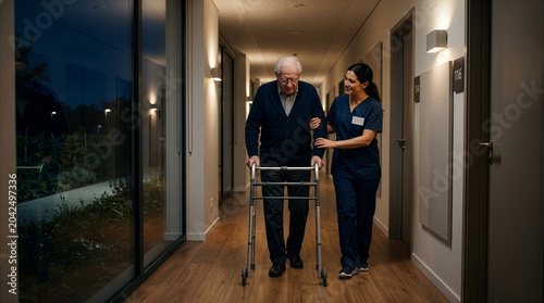 Caring Companion: A kind caregiver assists an elderly gentleman using a walker, moving with steady support down a modern hallway. The scene evokes warmth, dedication.
