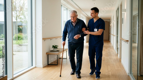 Walking Hand-in-Hand: A touching scene captures a caregiver assisting a senior man as they walk down a sunlit hallway, embodying care and support.