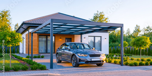 Modern sedan parked under carport at suburban house