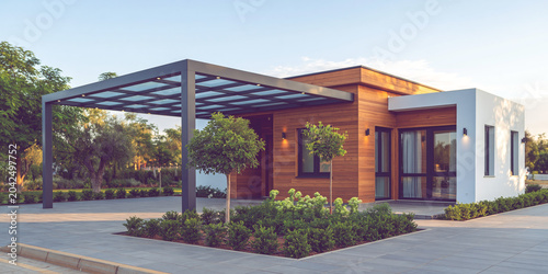 Modern wooden house glass carport landscaped garden