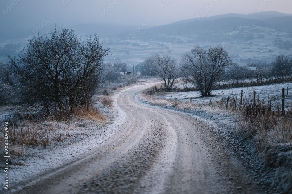 Obraz premium Quiet rural road covered in snow flurries and cold light