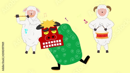 2027年の年賀状の動画素材。羊が獅子舞で新年を祝っている