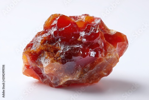 Macro photograph of a jagged red carnelian gemstone on a clean white surface