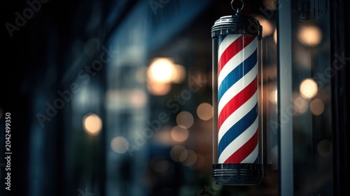 Moody storefront with a vertical barber pole banner at the window entrance, deep shadows and generous copy space
