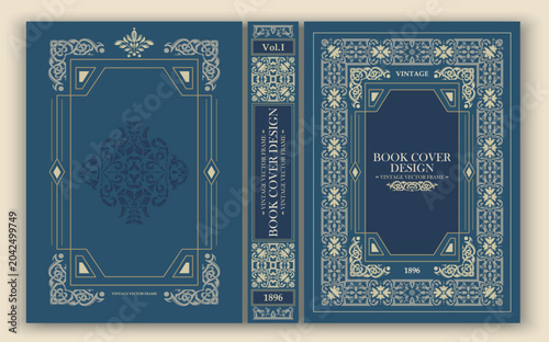 Elegant vector vintage book cover template featuring decorative floral borders, geometric frame and classic typography. Blue, navy and ivory palette for publishing and editorial projects.