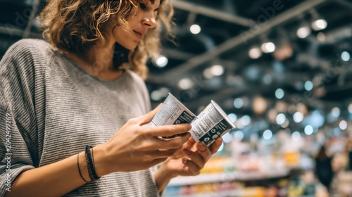 Woman reading nutrition label on yogurt cup in supermarket. Customer checking ingredients for healthy diet. Choosing dairy product for conscious consumerism and grocery shopping lifestyle.
