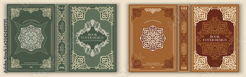 Collection of vector vintage book cover templates featuring Celtic ornaments, decorative frames and elegant typography. Sage green, ivory and copper palettes for publishing.