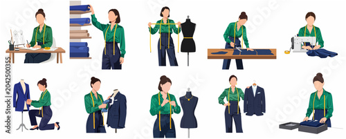 Foto Set of female fashion designer illustrations working in atelier, professional ta