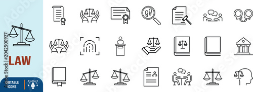Law and justice outline icons. scales icon set, gavel icon set, handcuffs icon set