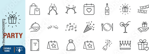 Party celebration outline vector icons. gift icon set, champagne icon set, calendar icon set