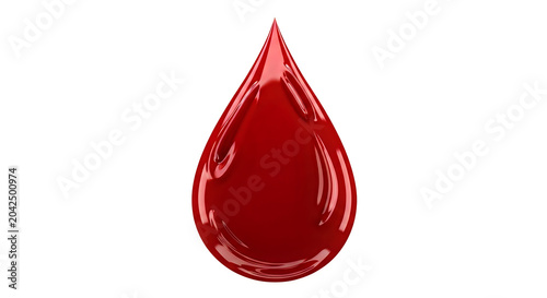 Glossy red blood drop or liquid oil droplet, isolated on white background.