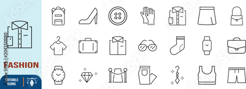 Fashion apparel and accessory outline icons. shirt icon set, high heel icon set, handbag icon set