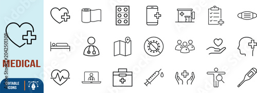 Medical and healthcare line icon collection. heart icon set, syringe icon set, stethoscope icon set