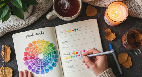 Woman tracking mood in personal journal with color wheel. Bullet journal system for mental health and emotional awareness. Creative stationery planning for self care and mindfulness habit.