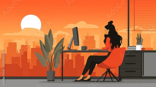 Woman working on computer at office desk during sunset. Employee practicing emotional regulation and mindfulness at workplace. Calm professional atmosphere, corporate mental health concept.