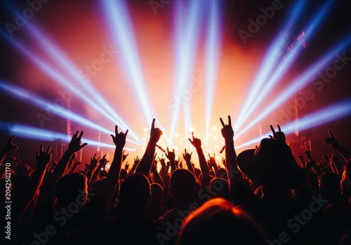A crowd of people at a music concert with hands raised in the air and bright stage lights shining in the background